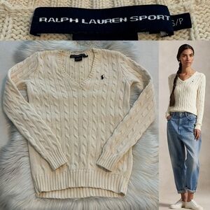 Ralph Lauren Sport Cable-Knit Cotton V-Neck Sweater | Women’s Small